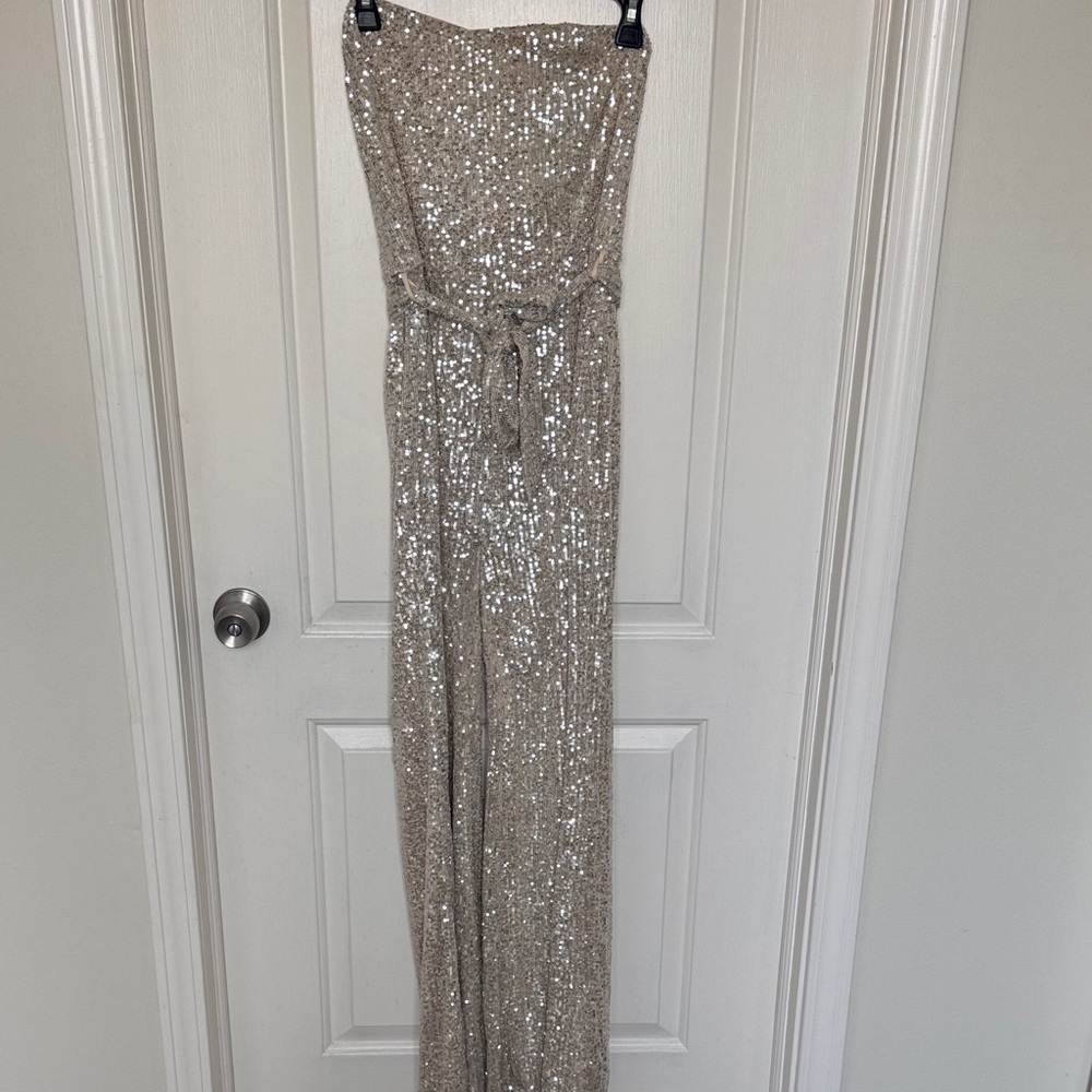Silver Sequin Strapless Jumpsuit - image 1